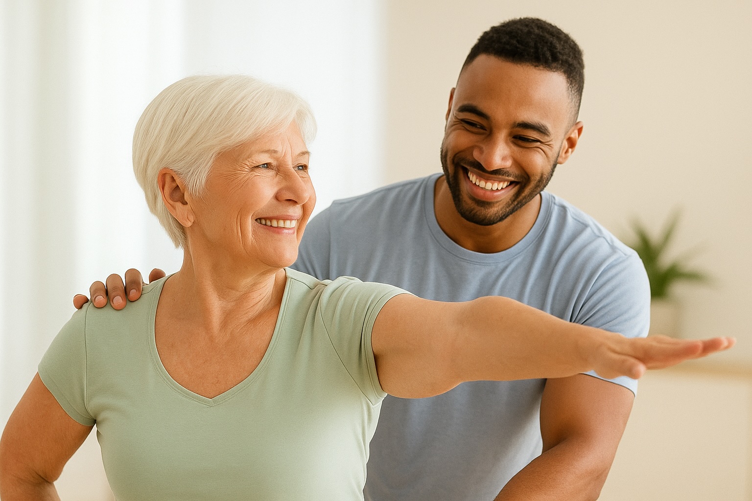 Senior woman with trainer during a supportive recovery session